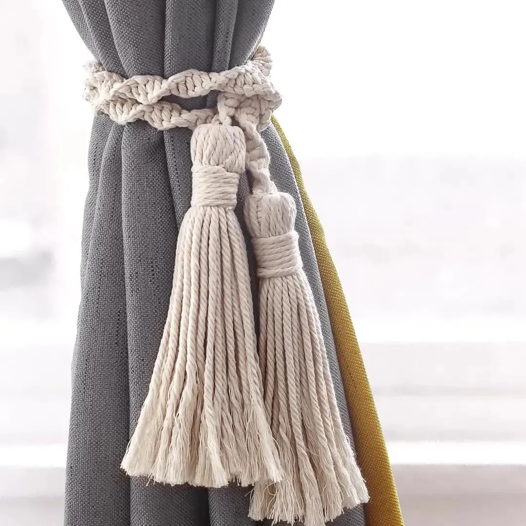 Boho Fringe Macrame Curtain Tiebacks with Bead Decor