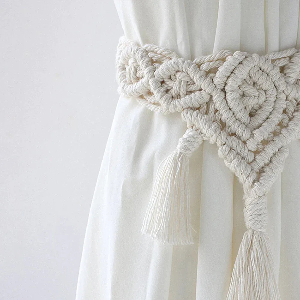 Boho Fringe Macrame Curtain Tiebacks with Bead Decor