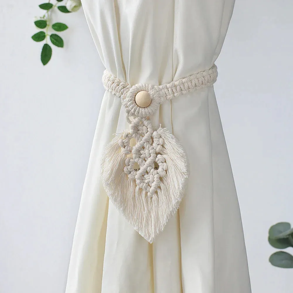Boho Fringe Macrame Curtain Tiebacks with Bead Decor