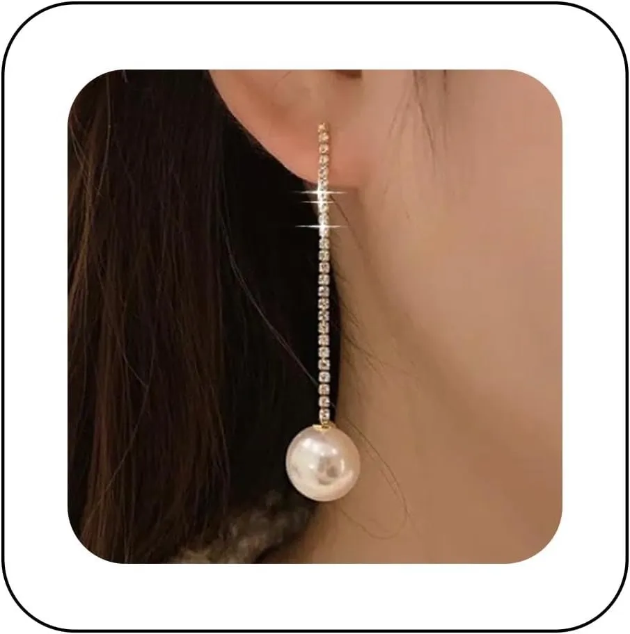 Boho Long Pearl Dangle Earrings Crystal Pearl Drop Earrings Rhinestone Chain Earrings Minimalist Cz Pearl Earrings Gold Cz Tennis Chain Earrings Jewelry for Women