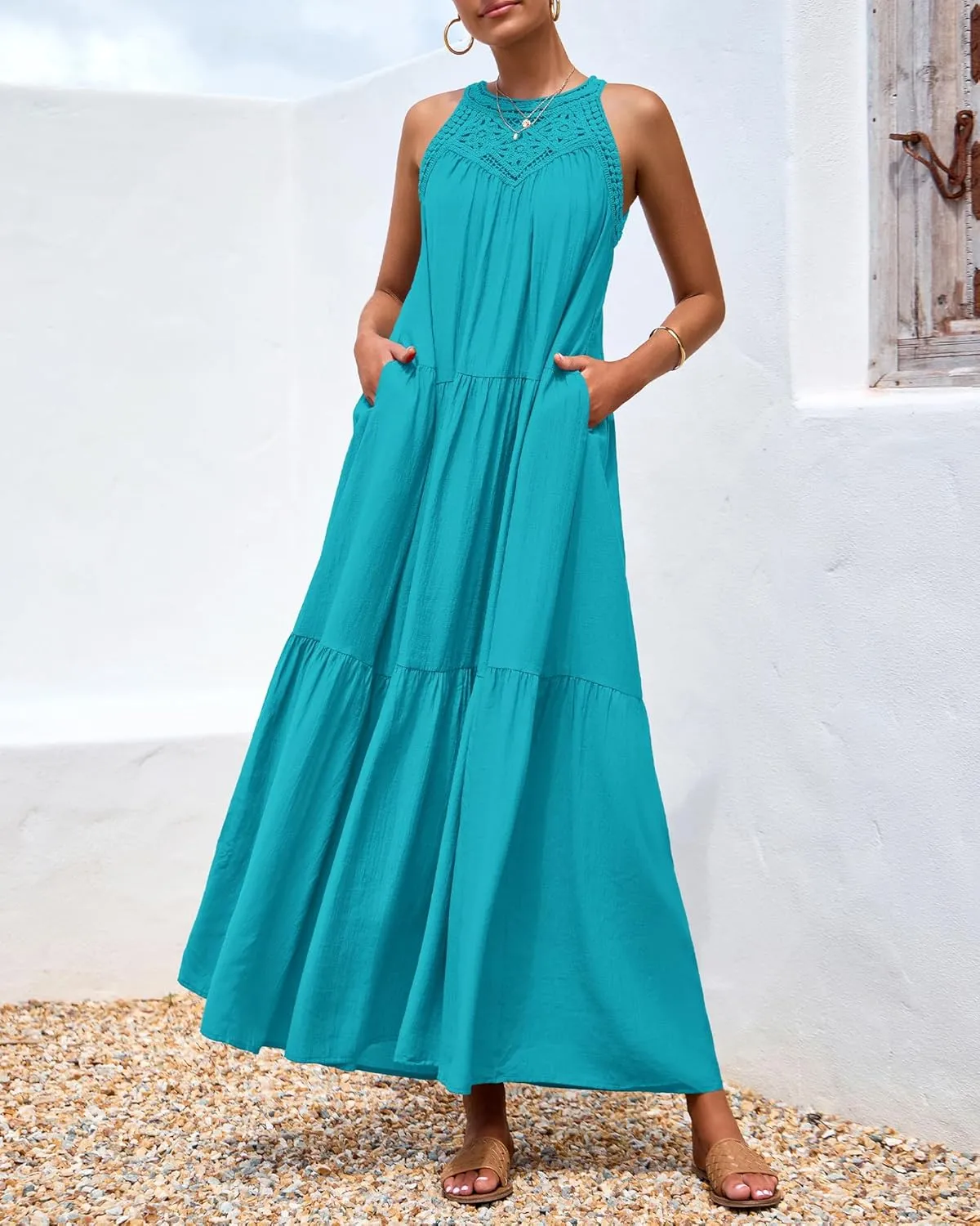 BTFBM Summer Halter Dresses for Women 2025 Casual Spring Hollow Out Sleeveless Boho Sundresses Beach Vacation Maxi Dress