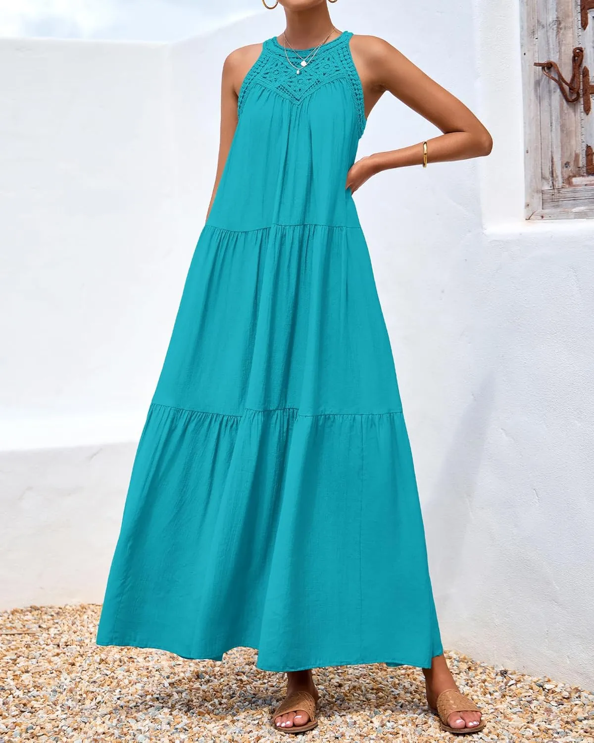 BTFBM Summer Halter Dresses for Women 2025 Casual Spring Hollow Out Sleeveless Boho Sundresses Beach Vacation Maxi Dress