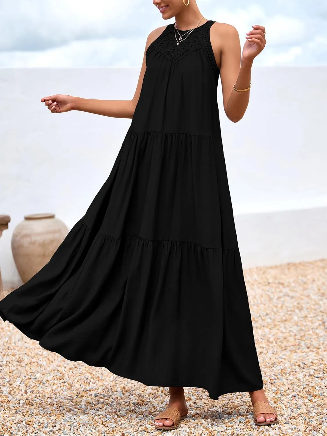 BTFBM Summer Halter Dresses for Women 2025 Casual Spring Hollow Out Sleeveless Boho Sundresses Beach Vacation Maxi Dress