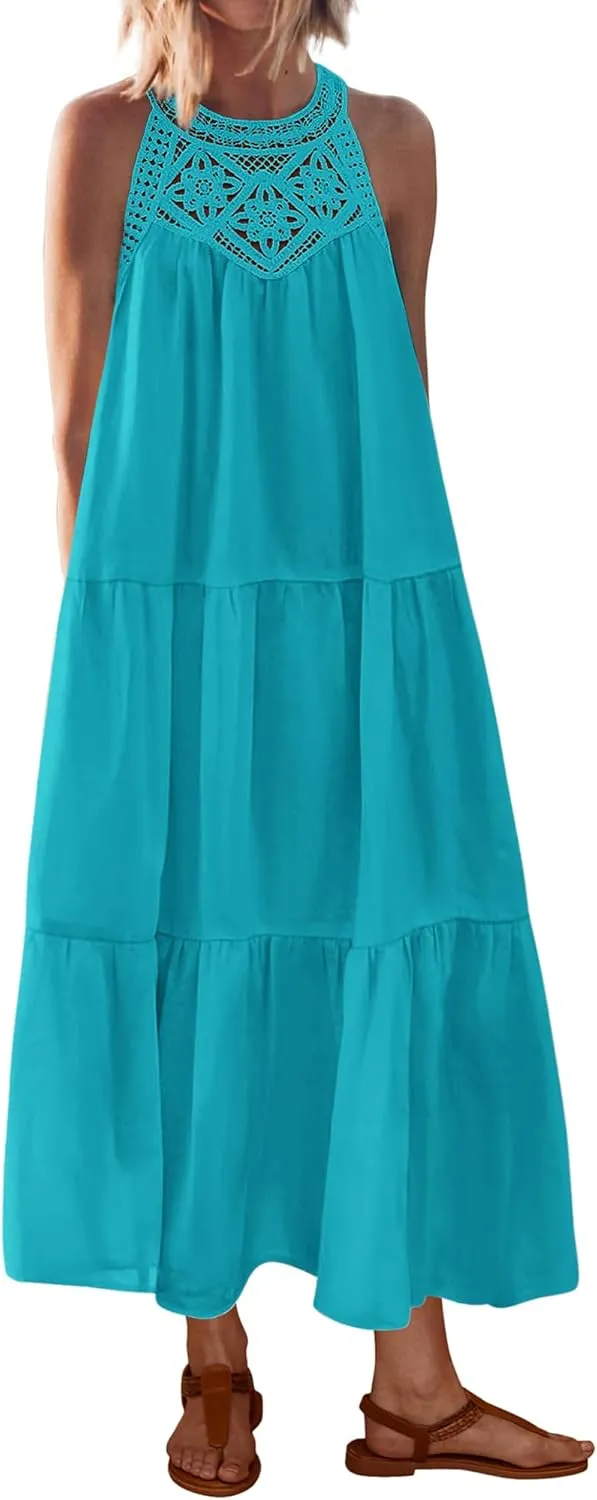 BTFBM Summer Halter Dresses for Women 2025 Casual Spring Hollow Out Sleeveless Boho Sundresses Beach Vacation Maxi Dress