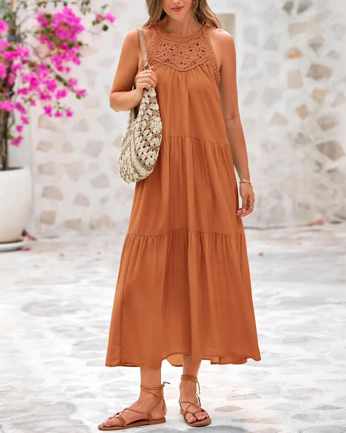 BTFBM Summer Halter Dresses for Women 2025 Casual Spring Hollow Out Sleeveless Boho Sundresses Beach Vacation Maxi Dress
