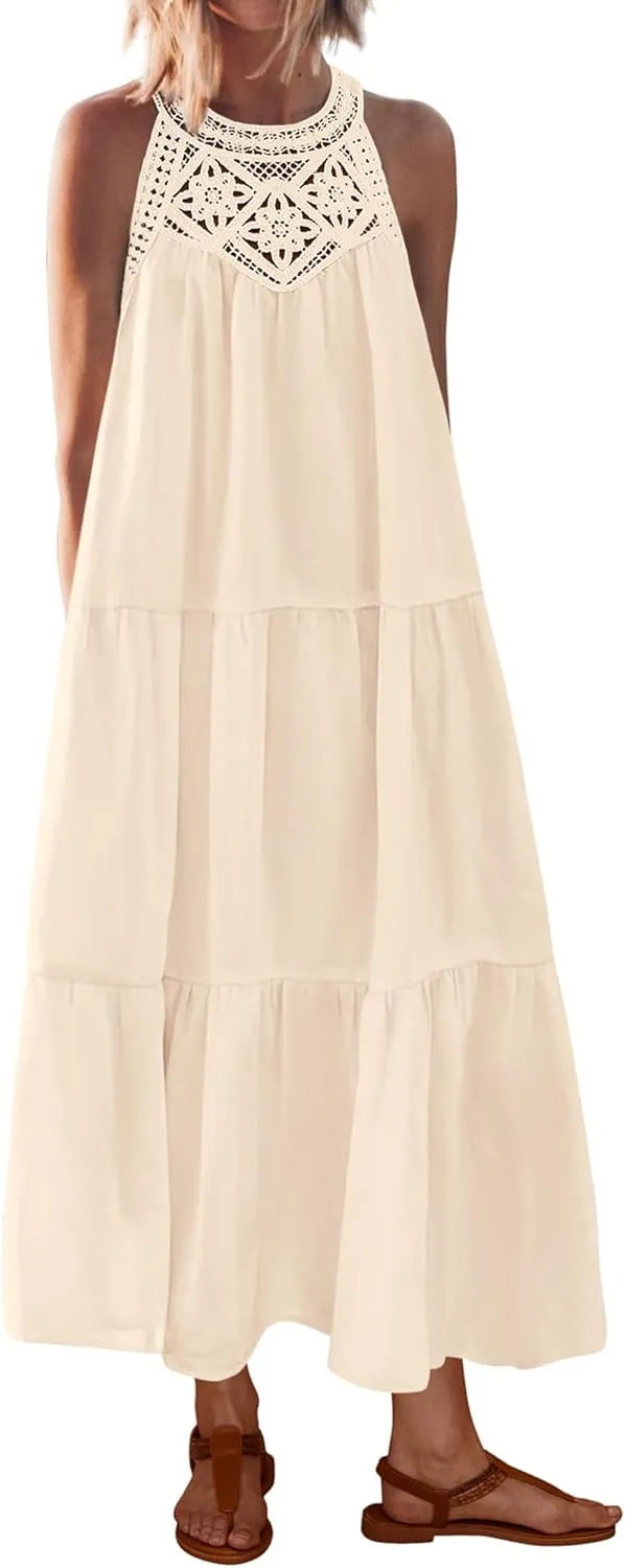 BTFBM Summer Halter Dresses for Women 2025 Casual Spring Hollow Out Sleeveless Boho Sundresses Beach Vacation Maxi Dress