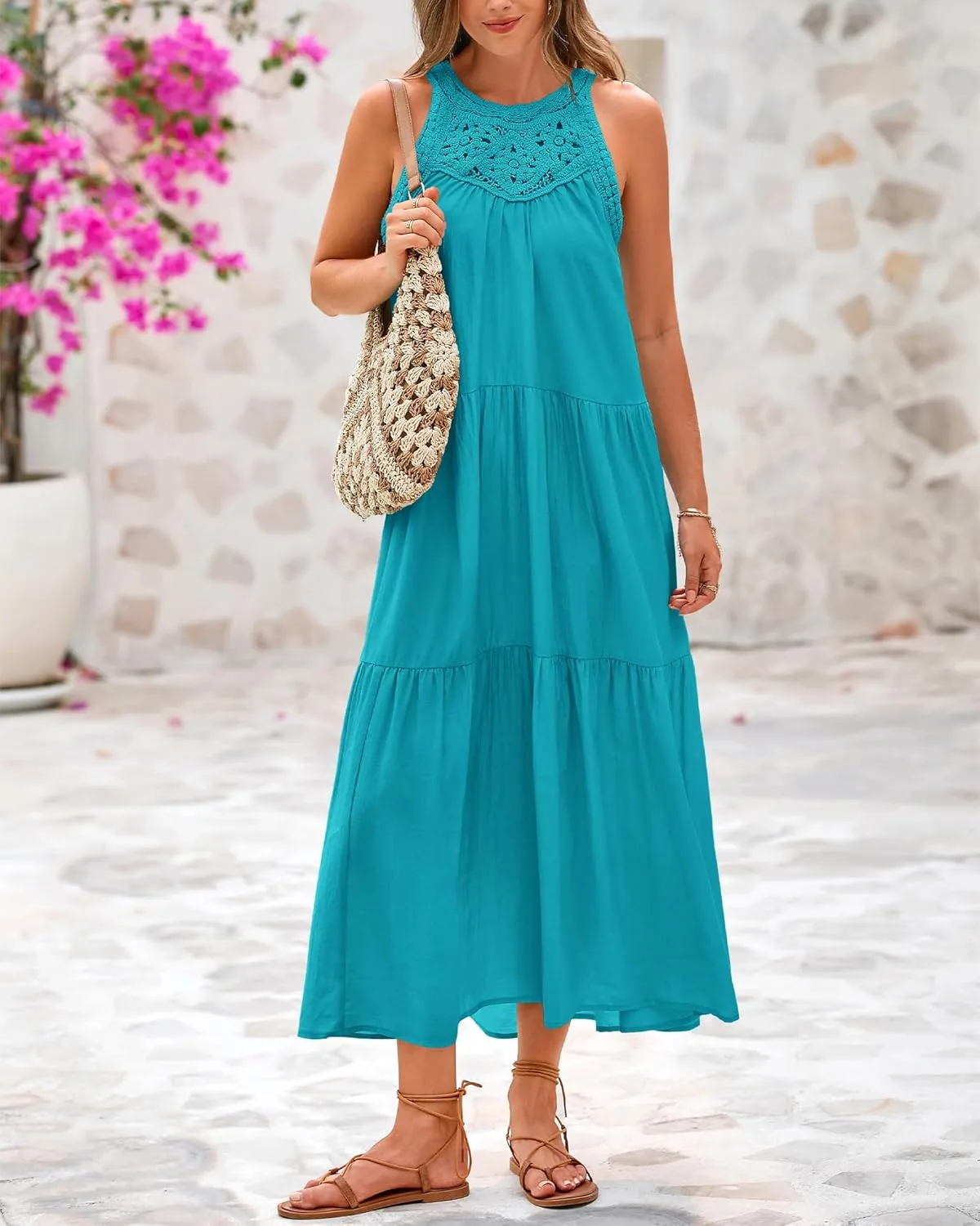 BTFBM Summer Halter Dresses for Women 2025 Casual Spring Hollow Out Sleeveless Boho Sundresses Beach Vacation Maxi Dress