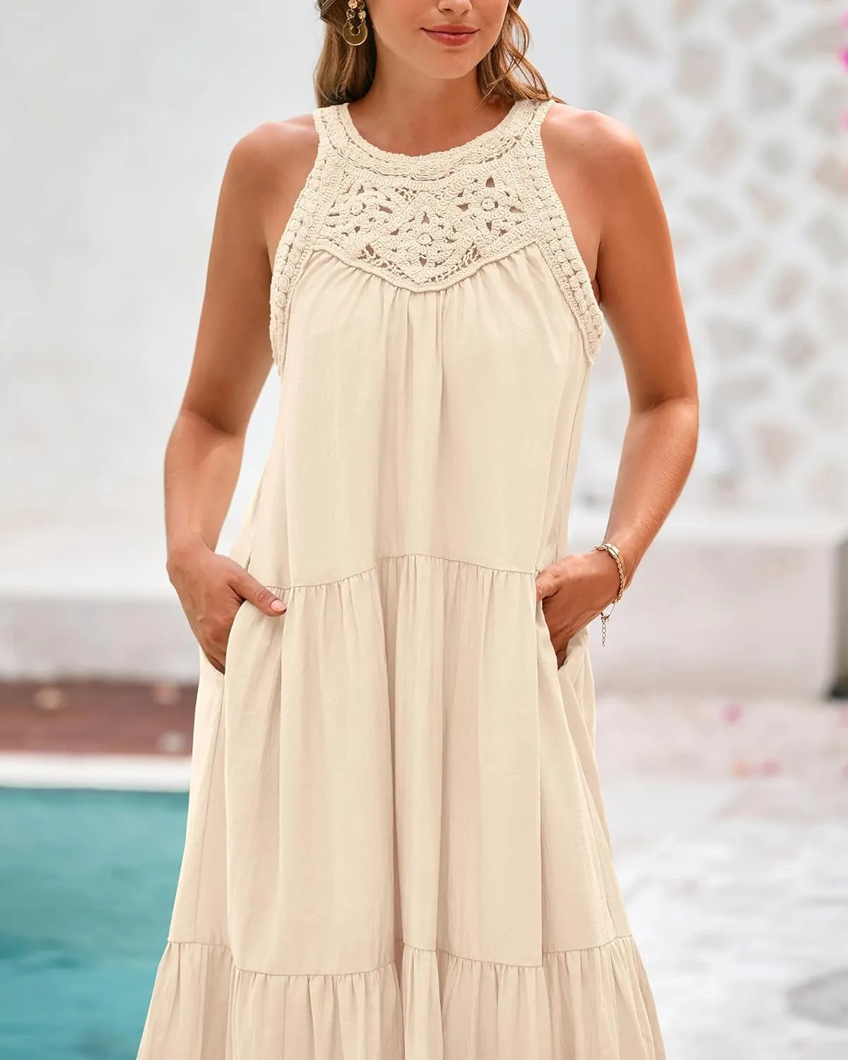 BTFBM Summer Halter Dresses for Women 2025 Casual Spring Hollow Out Sleeveless Boho Sundresses Beach Vacation Maxi Dress