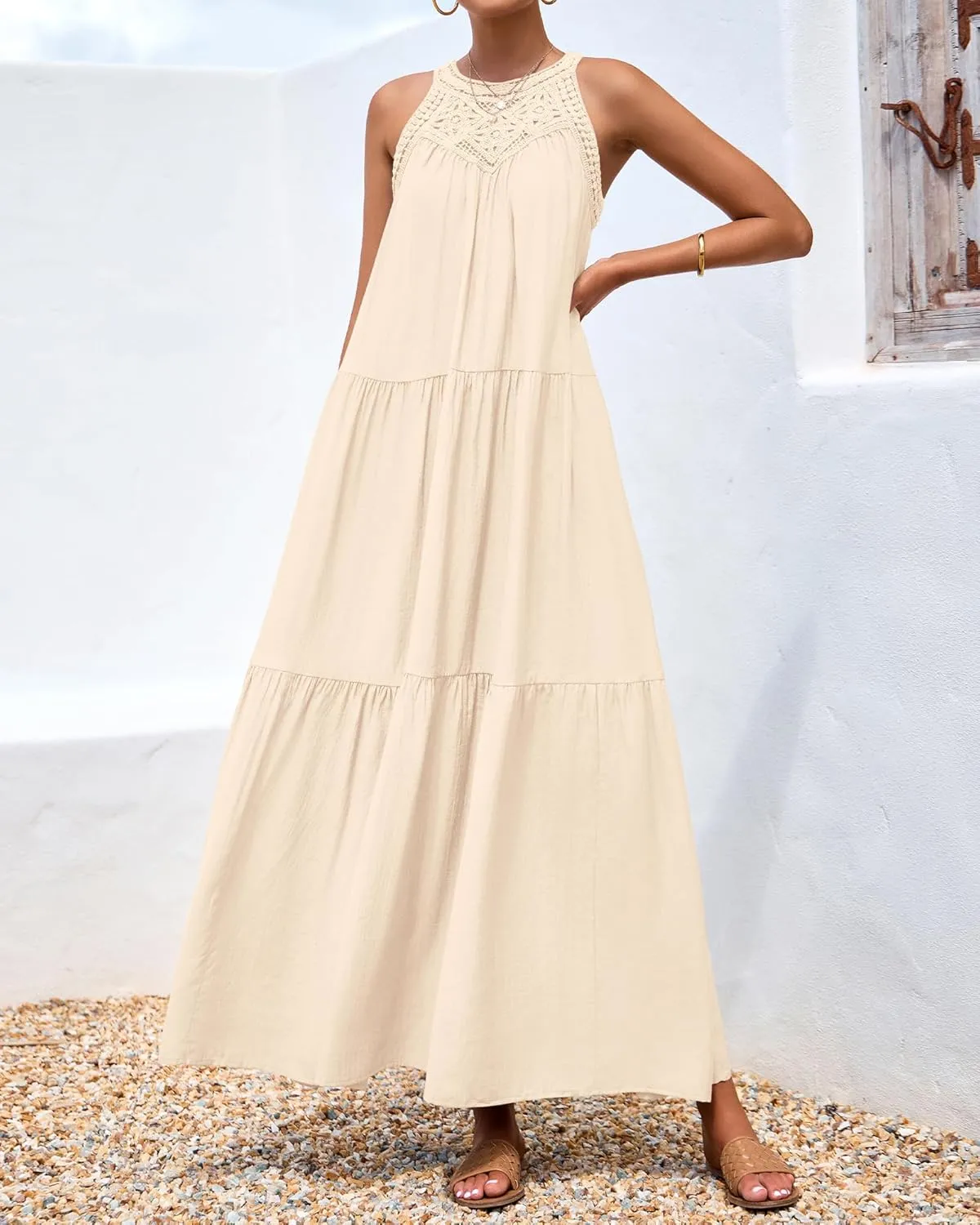 BTFBM Summer Halter Dresses for Women 2025 Casual Spring Hollow Out Sleeveless Boho Sundresses Beach Vacation Maxi Dress