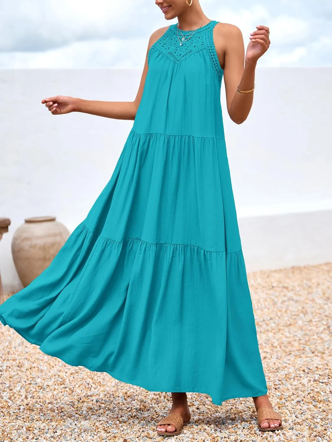 BTFBM Summer Halter Dresses for Women 2025 Casual Spring Hollow Out Sleeveless Boho Sundresses Beach Vacation Maxi Dress