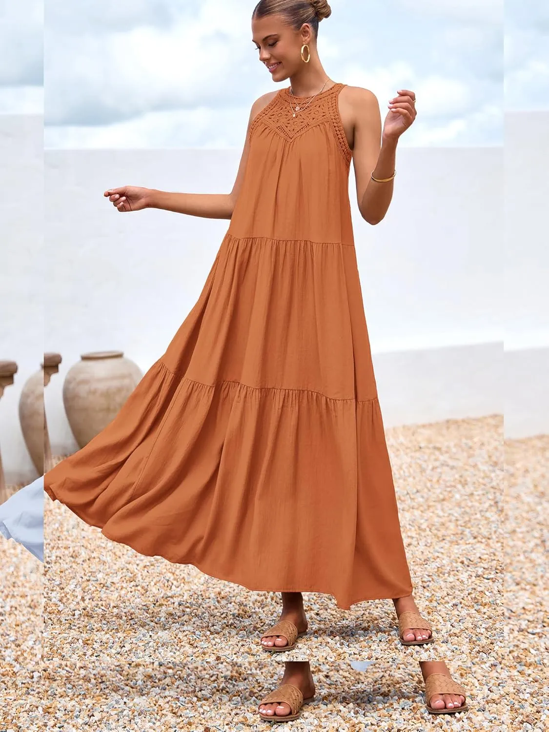 BTFBM Summer Halter Dresses for Women 2025 Casual Spring Hollow Out Sleeveless Boho Sundresses Beach Vacation Maxi Dress