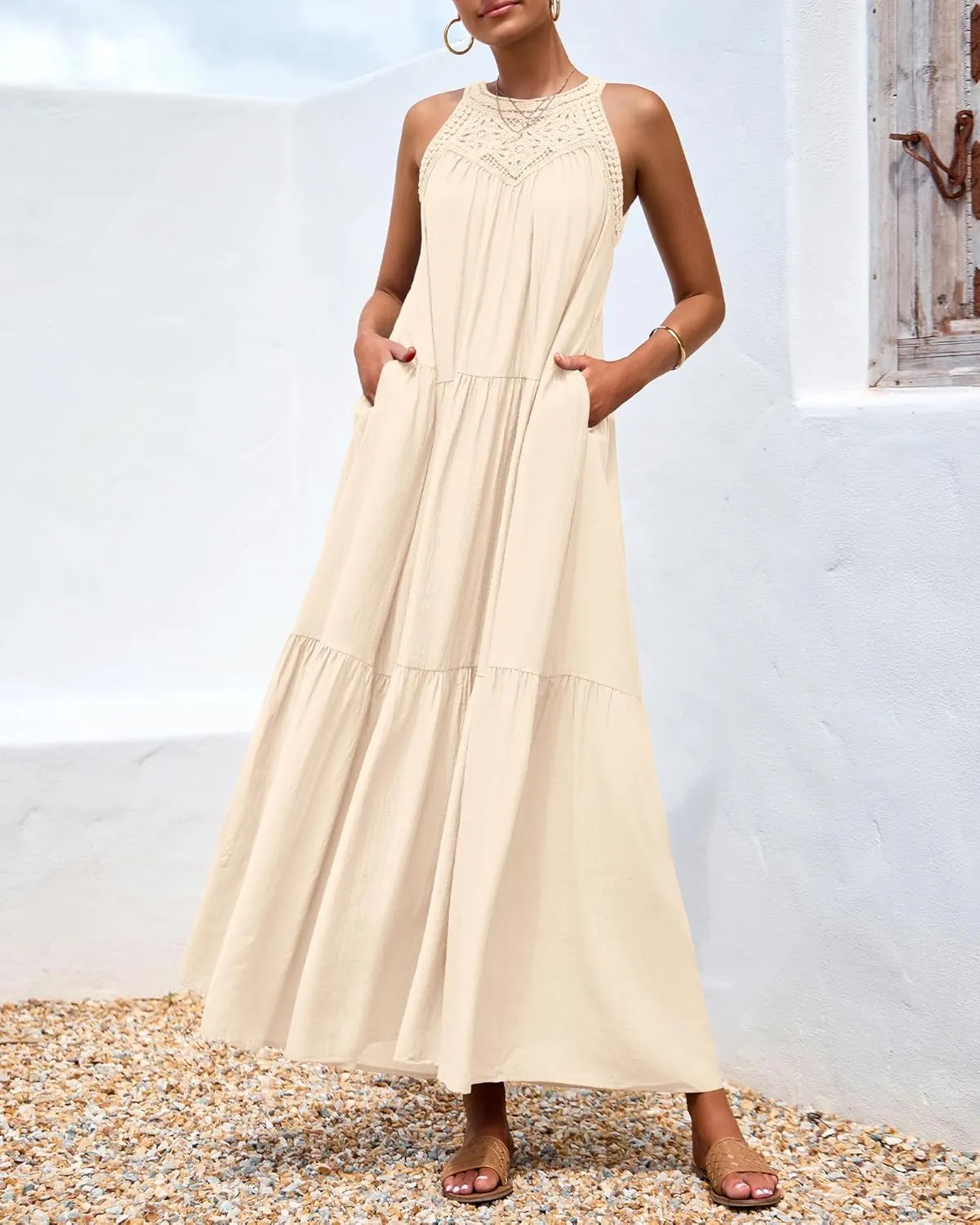 BTFBM Summer Halter Dresses for Women 2025 Casual Spring Hollow Out Sleeveless Boho Sundresses Beach Vacation Maxi Dress