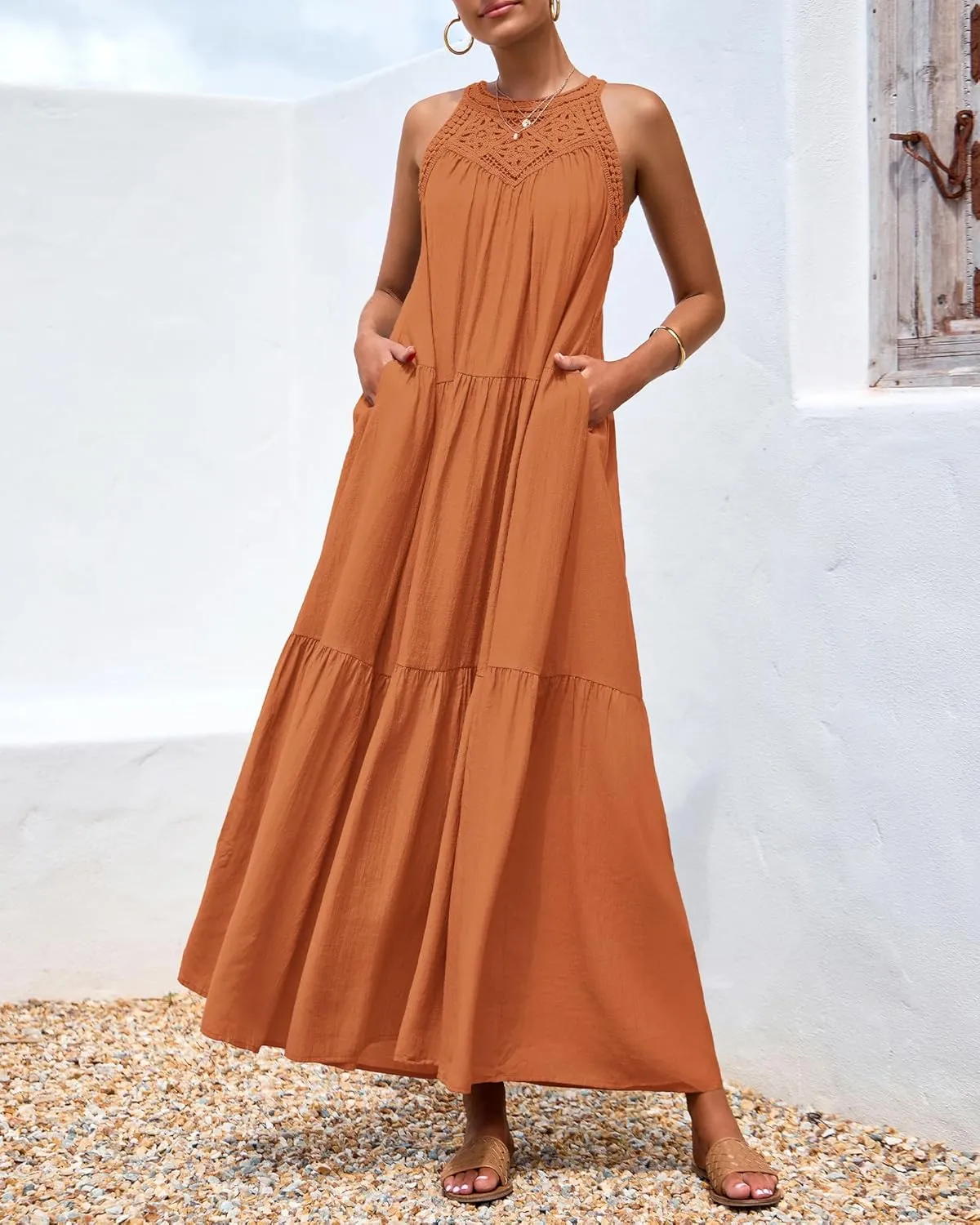 BTFBM Summer Halter Dresses for Women 2025 Casual Spring Hollow Out Sleeveless Boho Sundresses Beach Vacation Maxi Dress