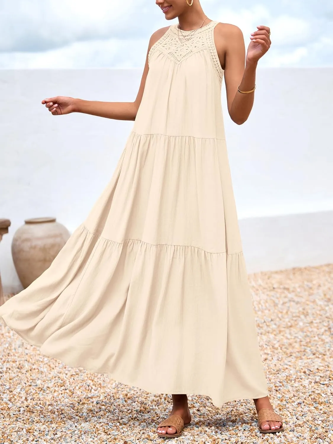 BTFBM Summer Halter Dresses for Women 2025 Casual Spring Hollow Out Sleeveless Boho Sundresses Beach Vacation Maxi Dress