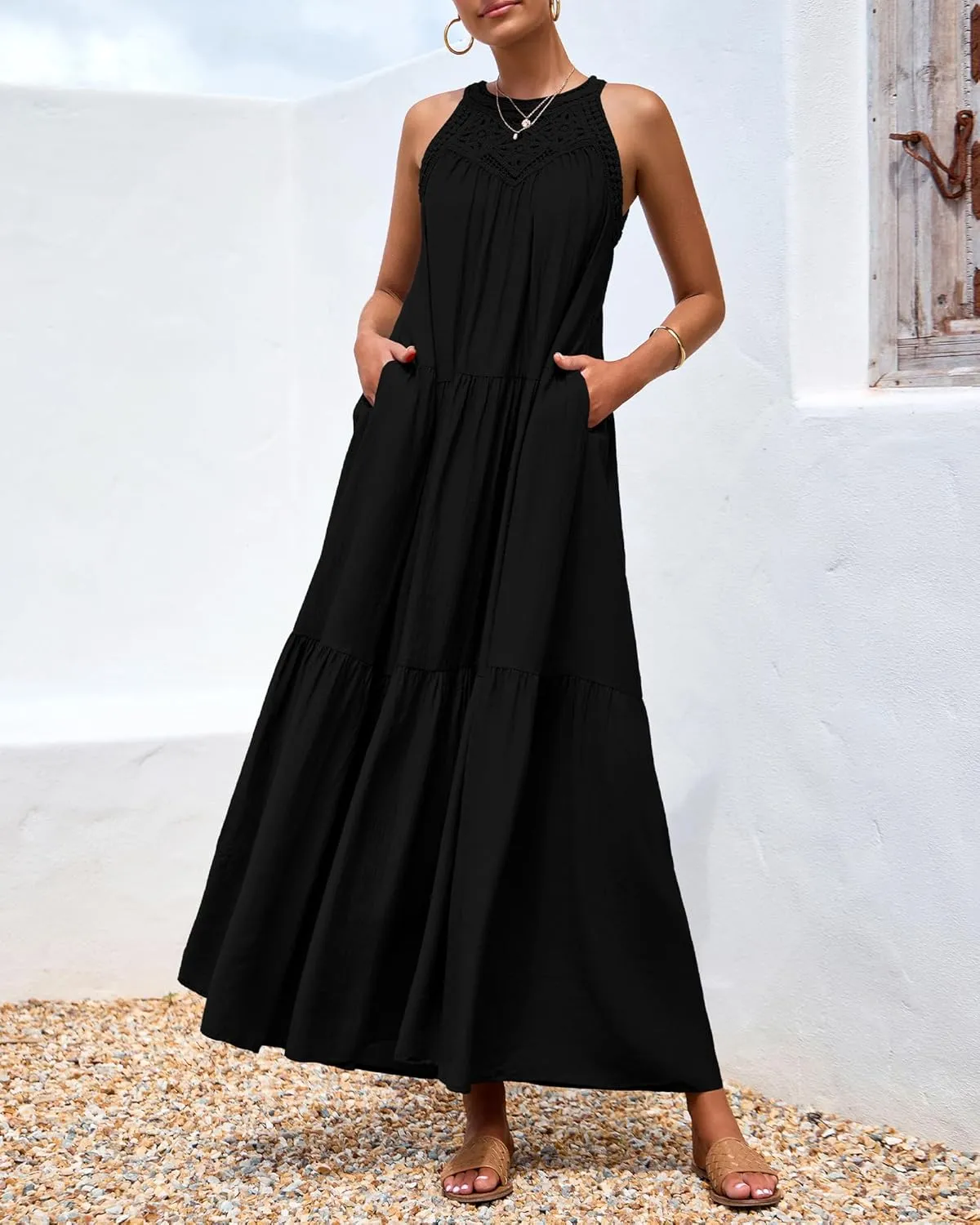 BTFBM Summer Halter Dresses for Women 2025 Casual Spring Hollow Out Sleeveless Boho Sundresses Beach Vacation Maxi Dress