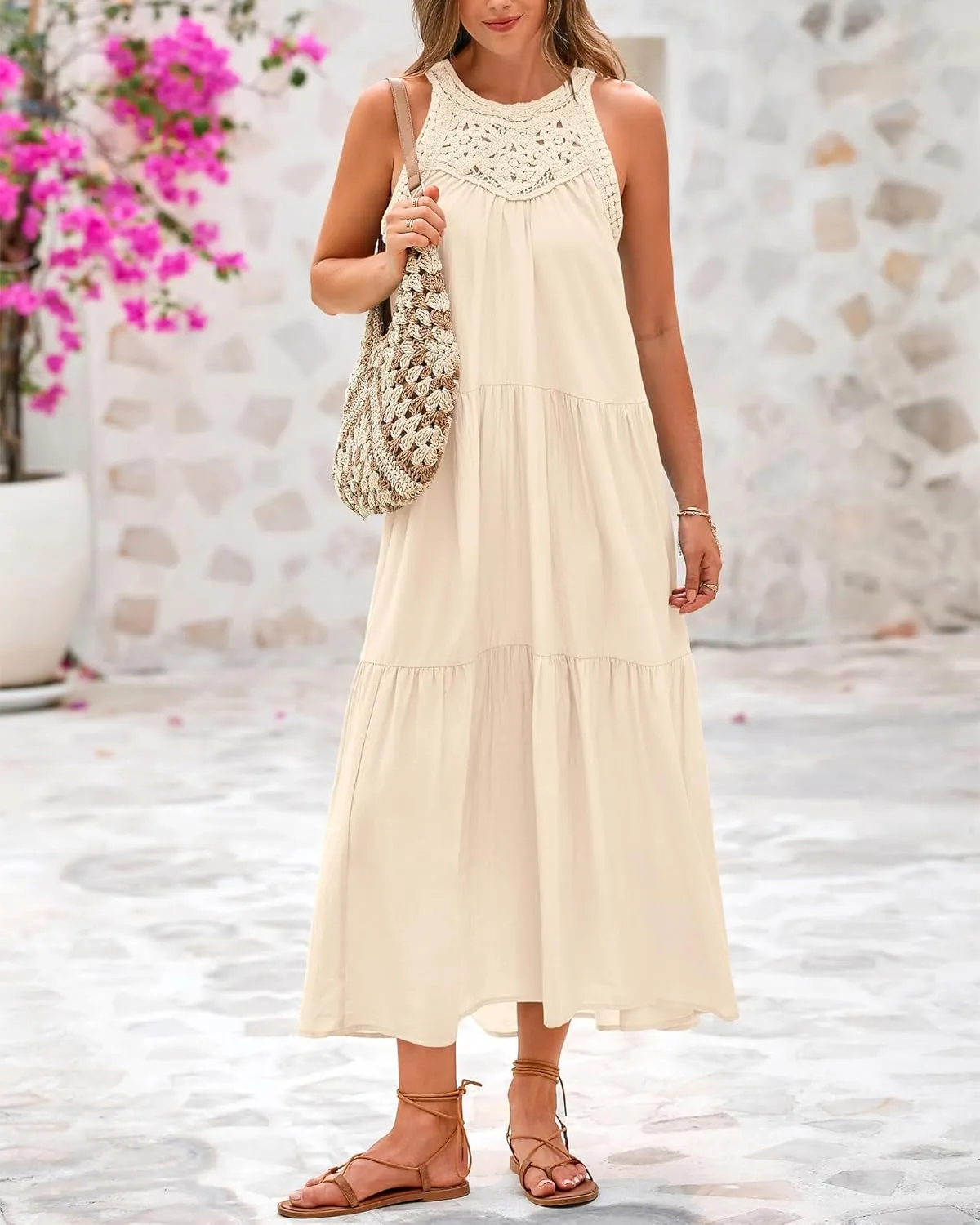 BTFBM Summer Halter Dresses for Women 2025 Casual Spring Hollow Out Sleeveless Boho Sundresses Beach Vacation Maxi Dress