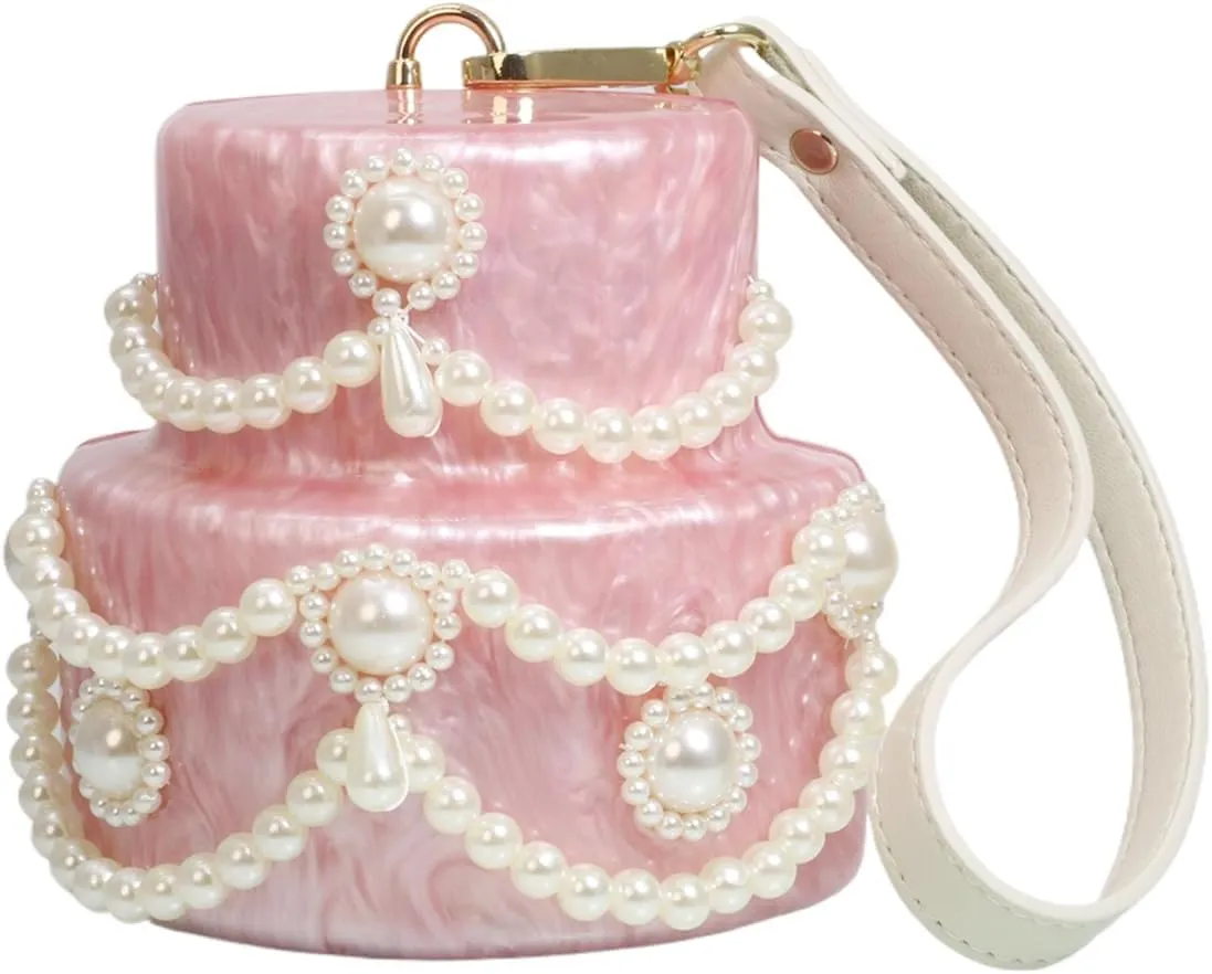 Cake Shaped Acrylic Clutch Pearl Handbags Beaded Evening Bag Mini Clutch Handbag for Wedding Cocktail Party Prom