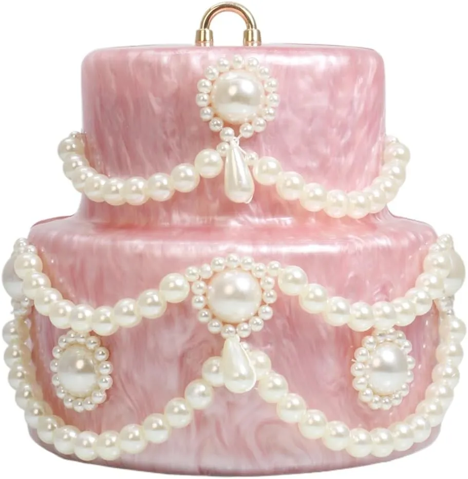 Cake Shaped Acrylic Clutch Pearl Handbags Beaded Evening Bag Mini Clutch Handbag for Wedding Cocktail Party Prom