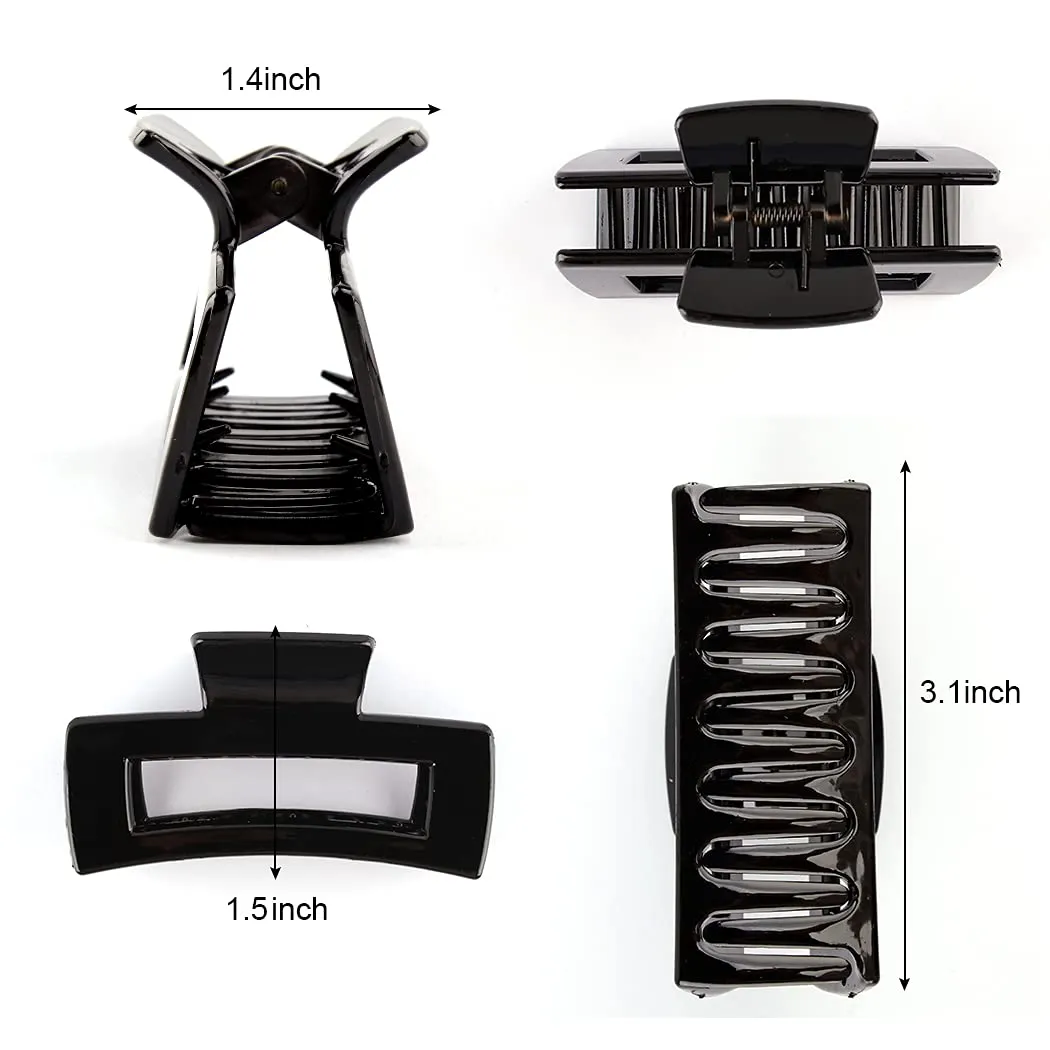Canitor 4Pcs 3.1 inch Black Hair Clips Claw Clips for Thin and Medium Hair - Acrylic Rectangular French Design Jaw Clips