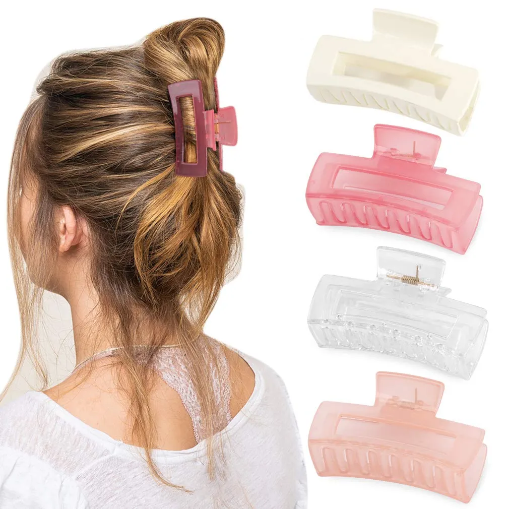 Canitor Hair Clips Set of 4: Pink Rectangular Acrylic Banana Non-slip Medium Claw Jaw Clips for Thin Hair, Y2K Hair Accessories
