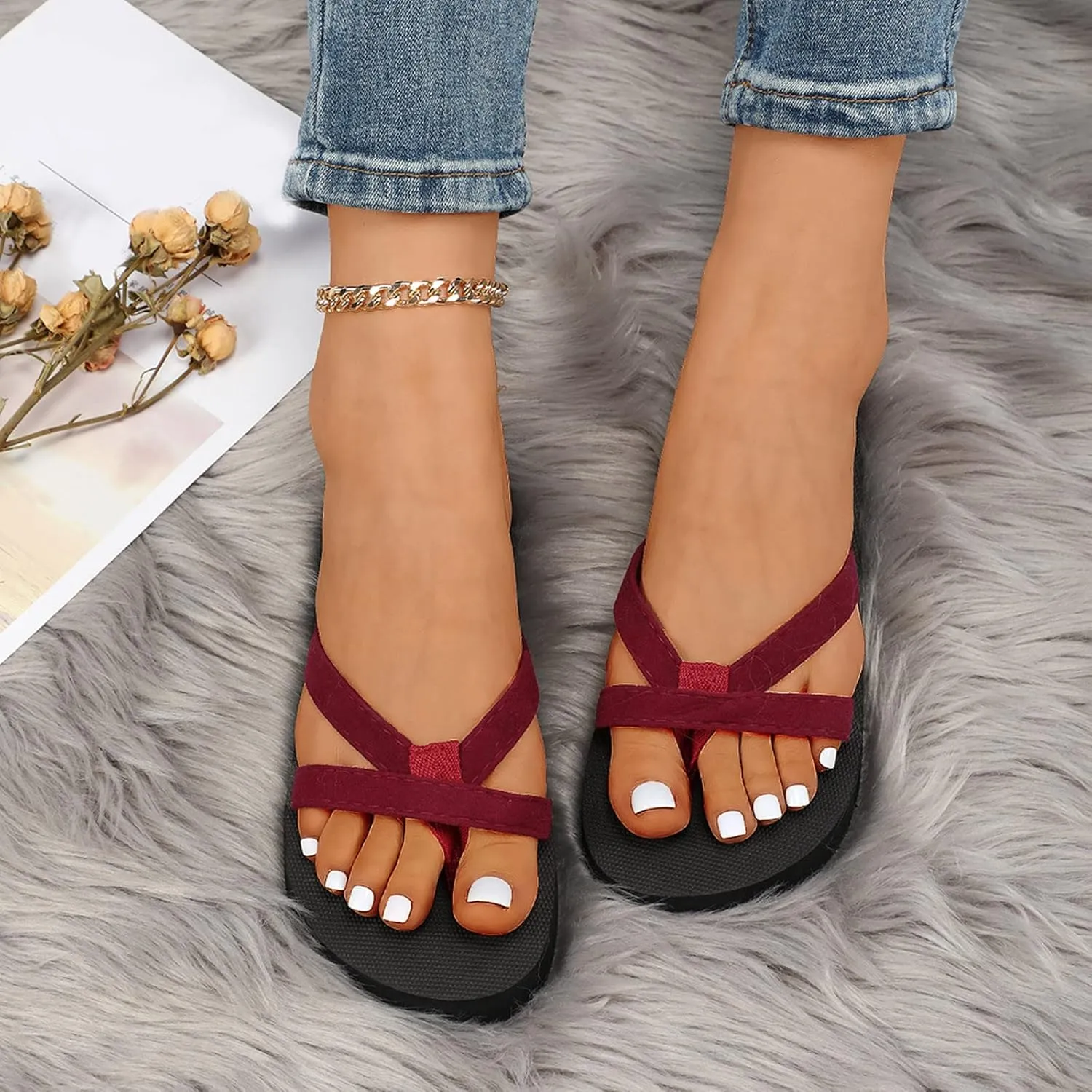 Cathalem Flip Flops for Women, Sandals for Women Dressy Open Toe Flat Sandals Comfortable Beach Flip Flops Shoes