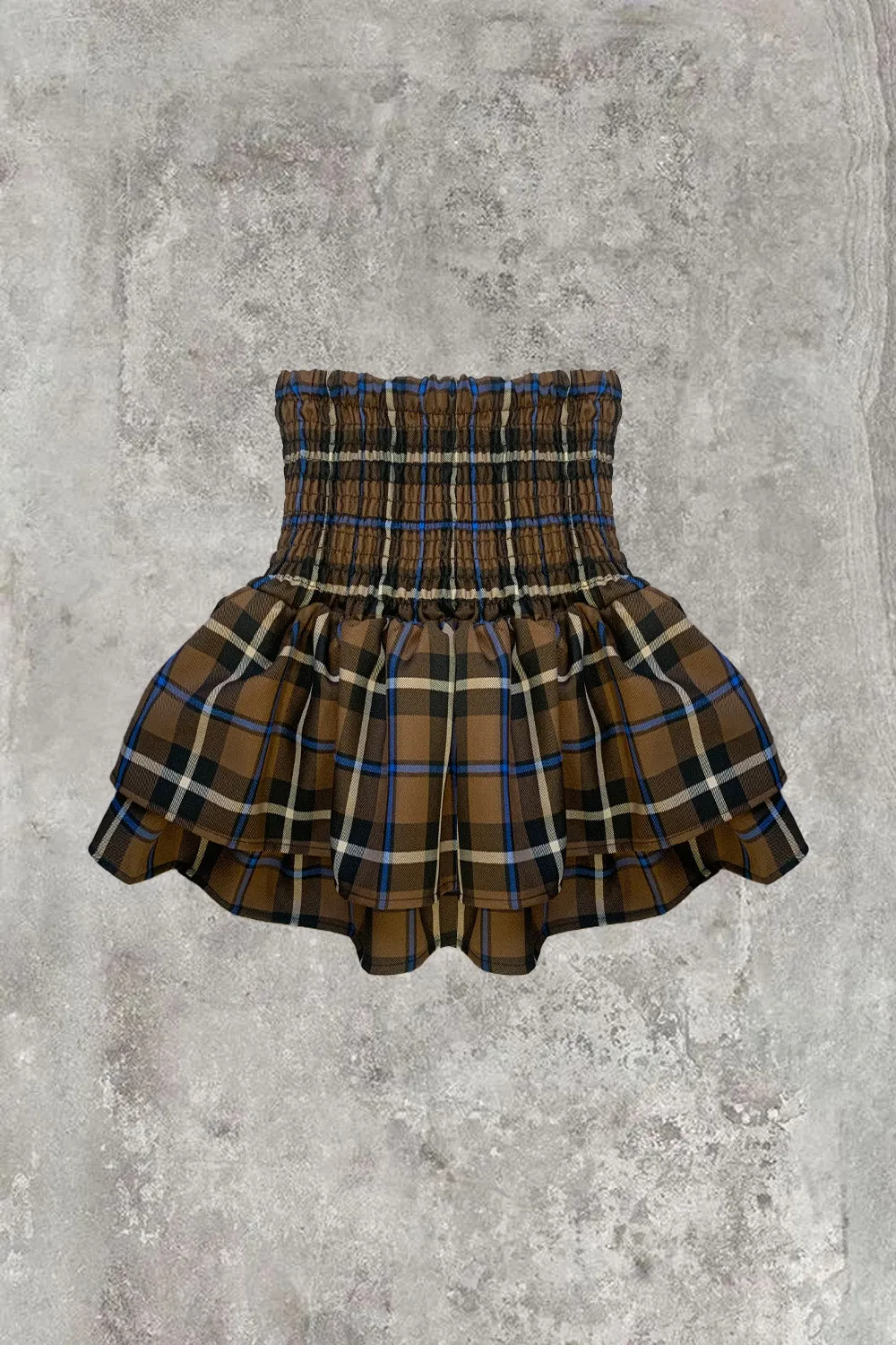 Cece Brown Check Shirred Waist Ruffle Hem Mini Skirt