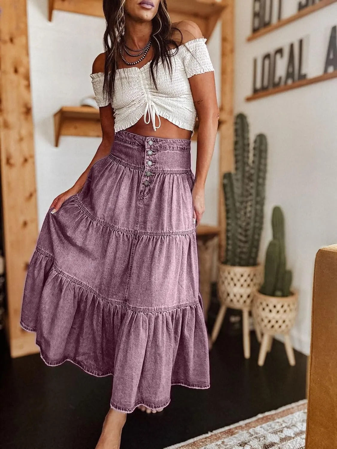 CHARTOU Women's High Waist Tiered Denim Maxi Skirt Ruffle Buttons Flowy Boho Pleated Long Jean Skirts