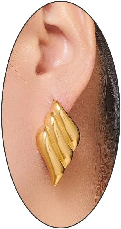 Chunky Gold Statement Earrings for Women, Shell Wing Texture Hyposensitivity Pierced Drop Earrings, Dainty Lightweight Stainless Steel Jewelry Gifts