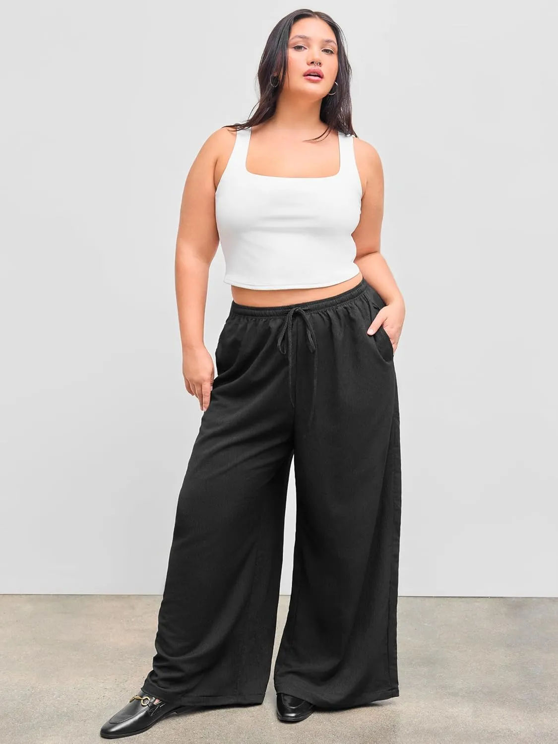CIDER High Rise Solid Knotted Pocket Wide Leg Trousers Curve & Plus