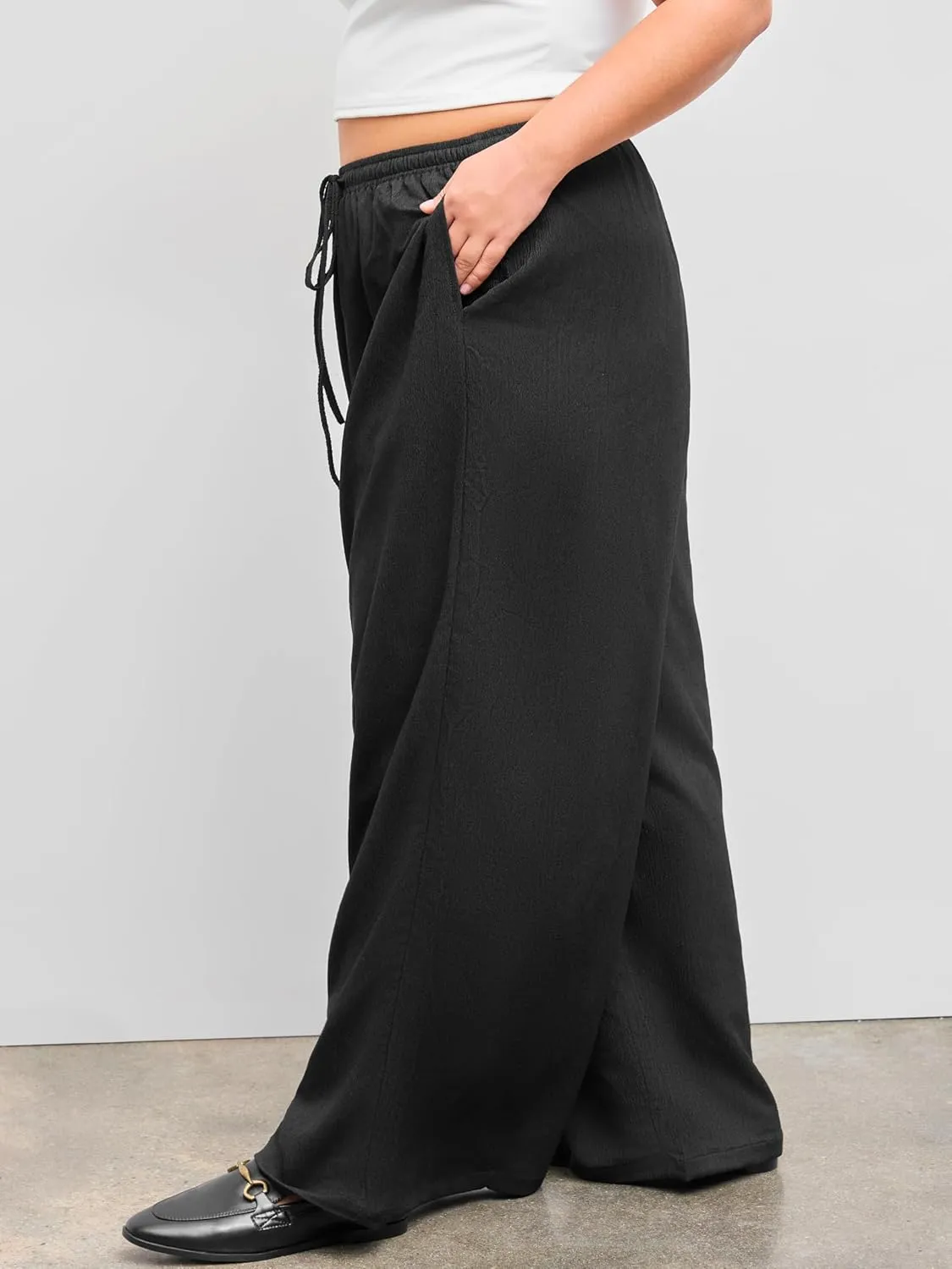 CIDER High Rise Solid Knotted Pocket Wide Leg Trousers Curve & Plus