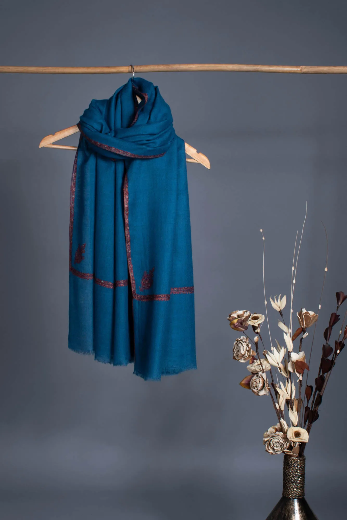 Classic Blue Artistic Pashmina Wrap With Sozni Embroidery - OZARK