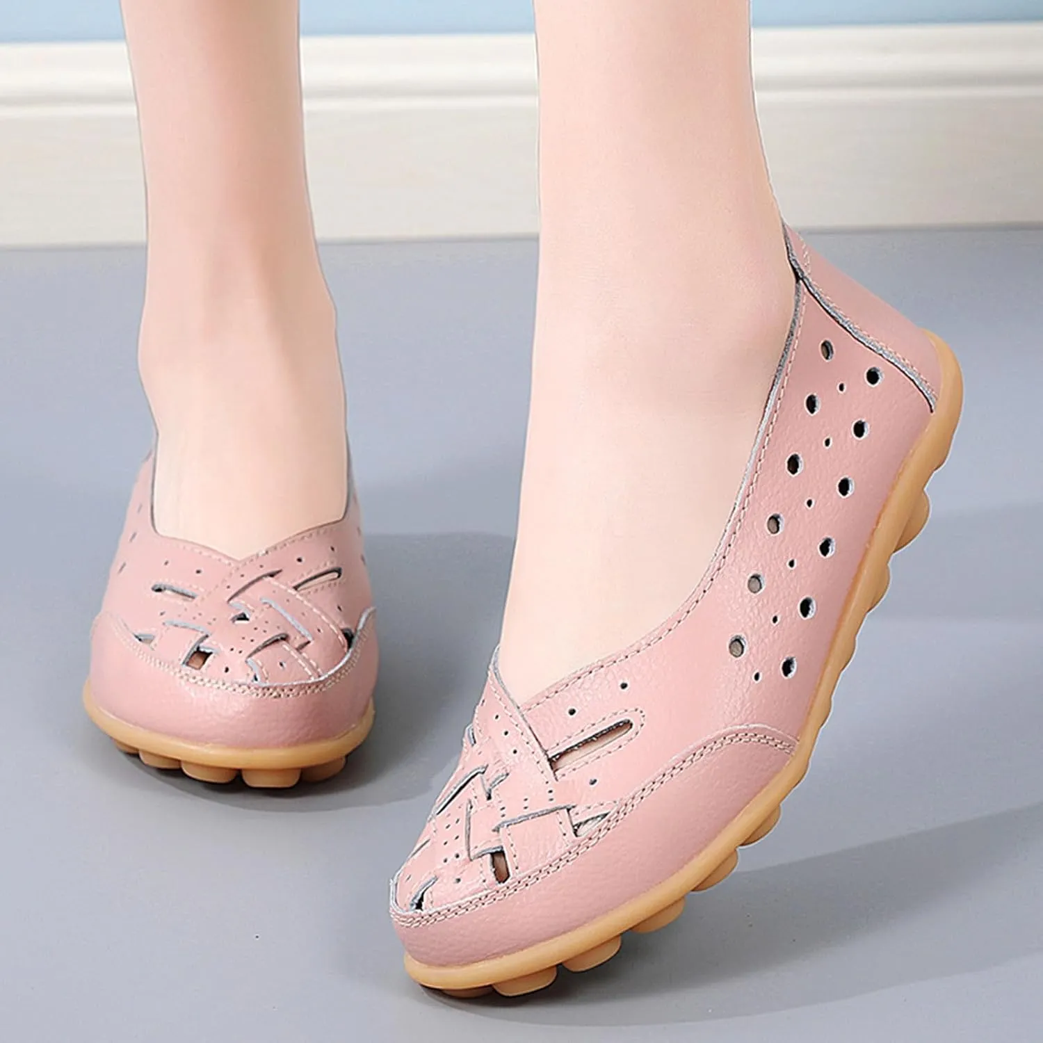 Close Toe Sandals for Women Orthopedic Loafers Breathable Leather Comfortable Hollow Soft Flats Summer Casual Slip-On Shoes