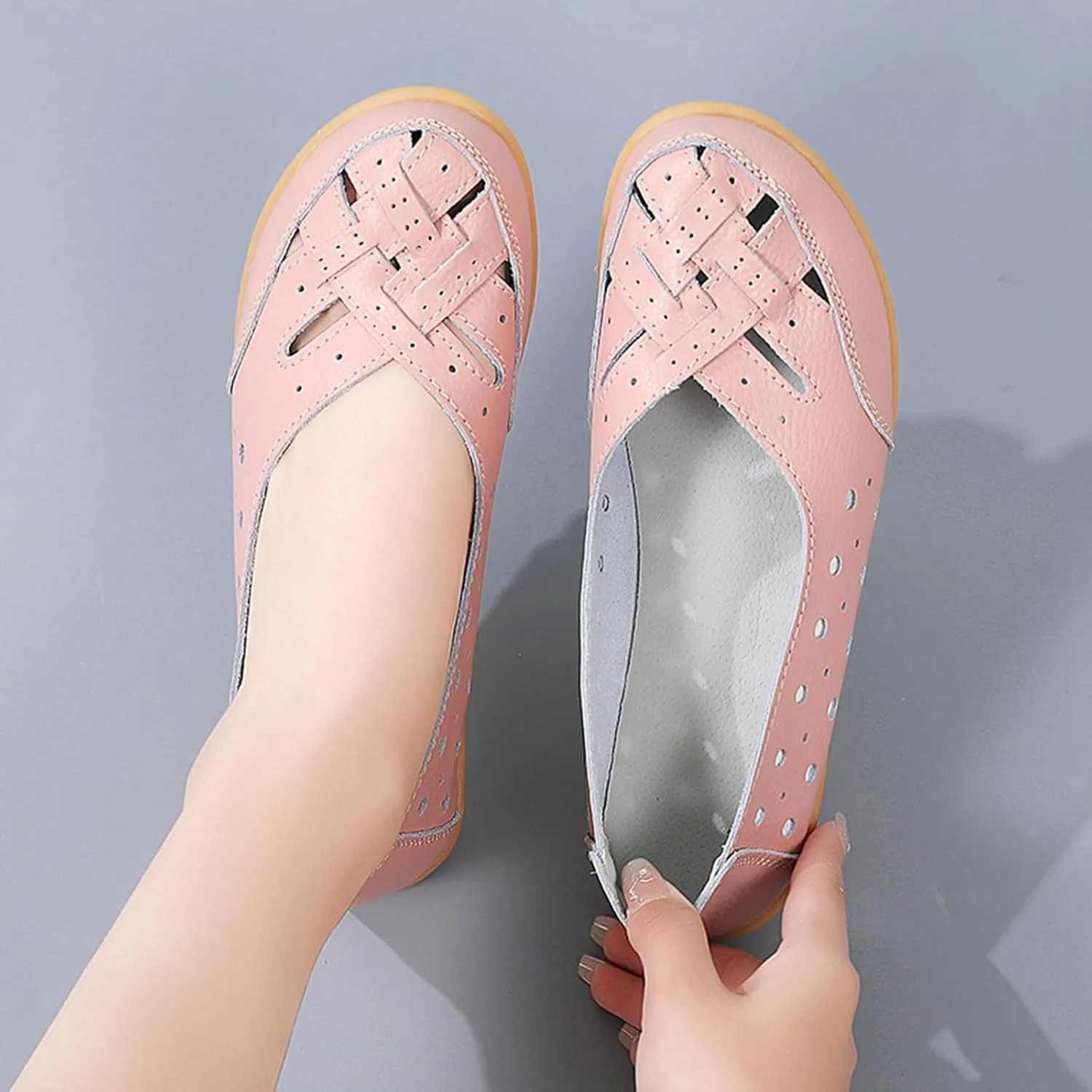 Close Toe Sandals for Women Orthopedic Loafers Breathable Leather Comfortable Hollow Soft Flats Summer Casual Slip-On Shoes