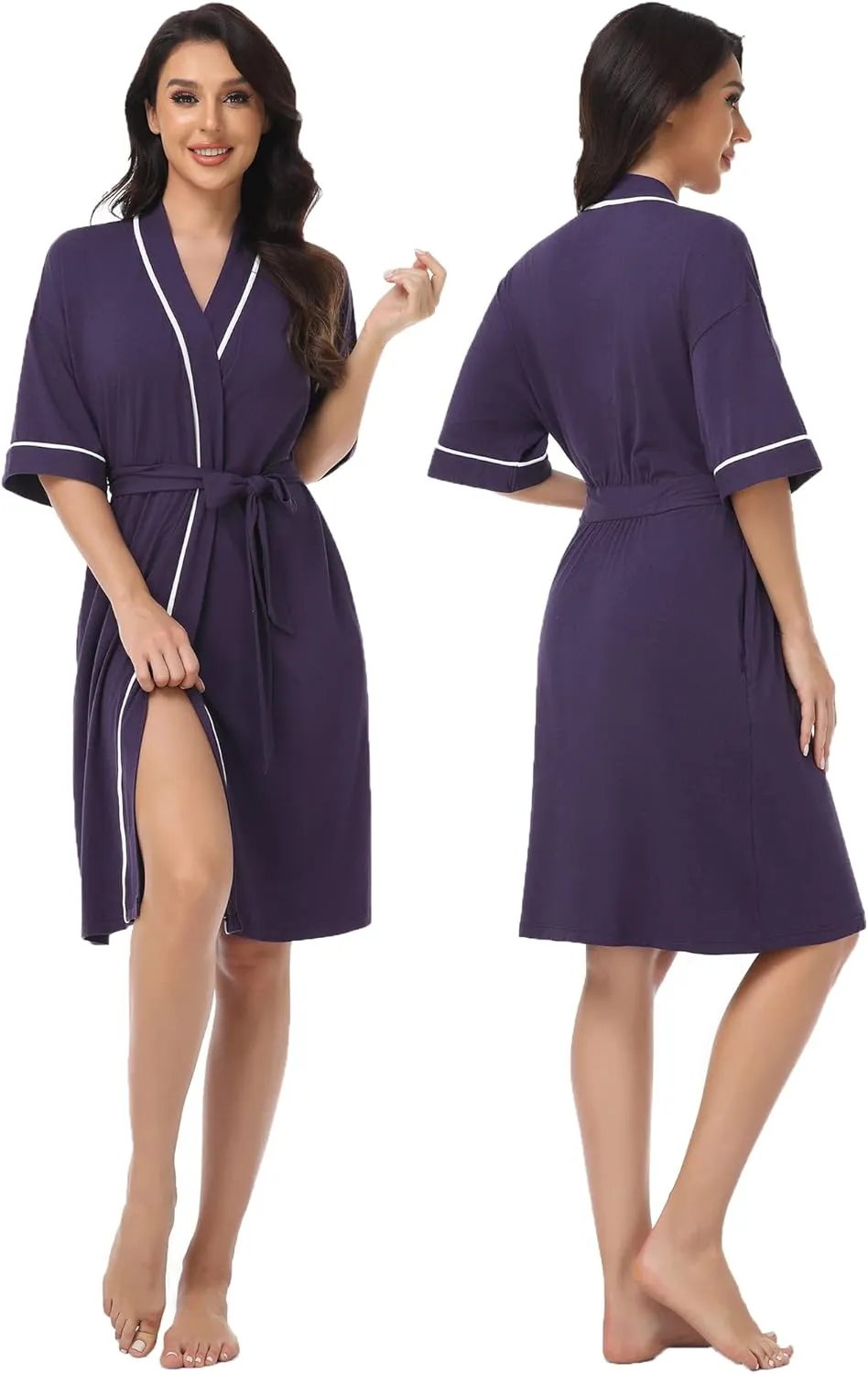 COLORFULLEAF Womens Bamboo Short Robes Lightweight Kimono Cotton Robe Soft Knit Bathrobe Ladies Loungewear with Pockets