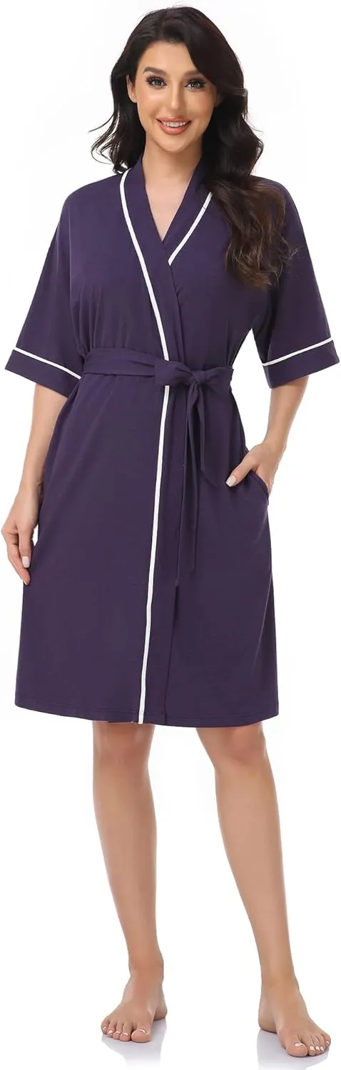 COLORFULLEAF Womens Bamboo Short Robes Lightweight Kimono Cotton Robe Soft Knit Bathrobe Ladies Loungewear with Pockets
