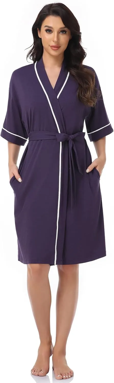 COLORFULLEAF Womens Bamboo Short Robes Lightweight Kimono Cotton Robe Soft Knit Bathrobe Ladies Loungewear with Pockets