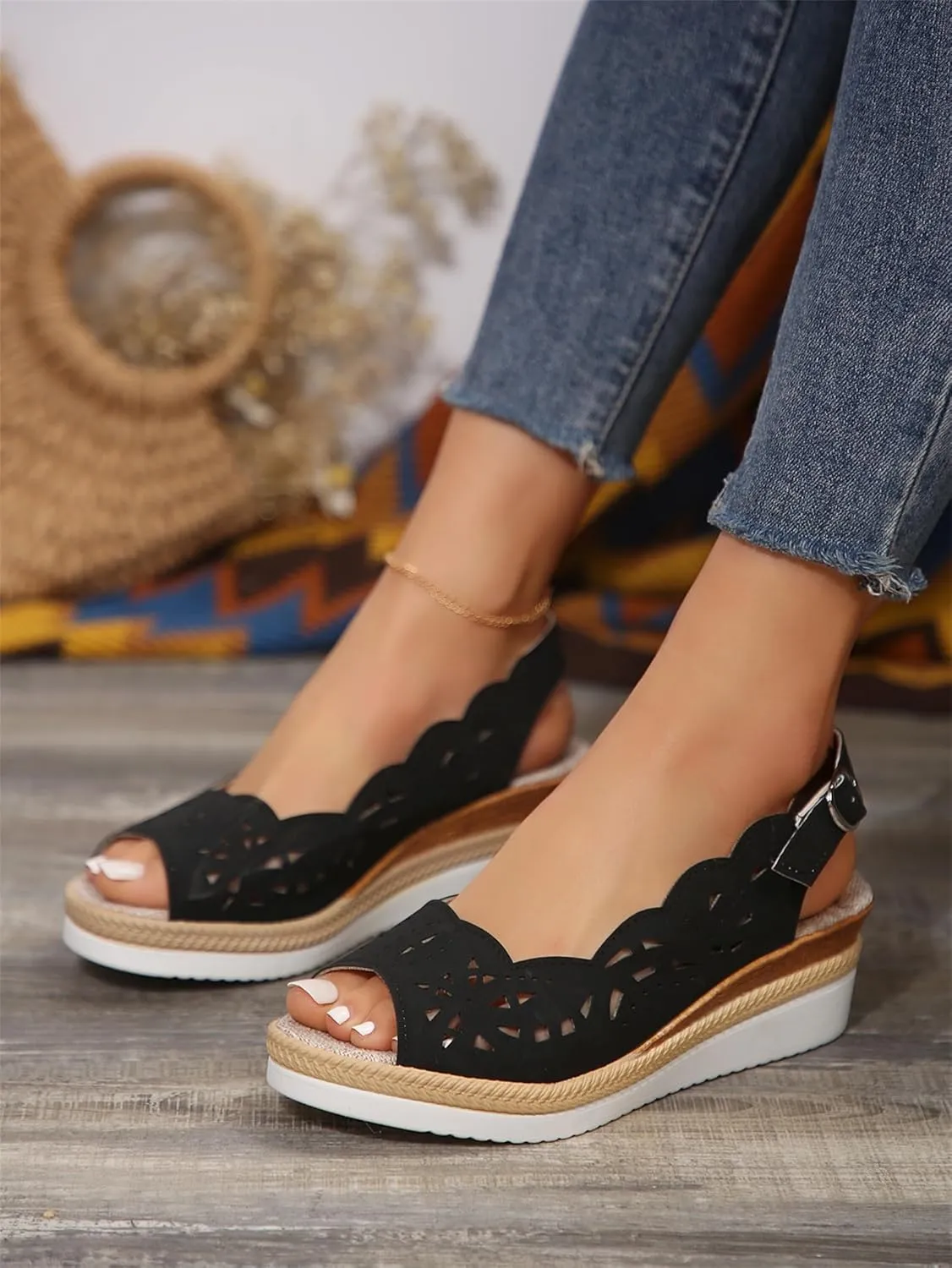 Comfort Peep Toe Wedge Sandals for Women Slingback Heel Cut-Out Vamp Wedges Sandal Summer Thick Bottom Belt Buckle Beach Vacation Travel Shoes