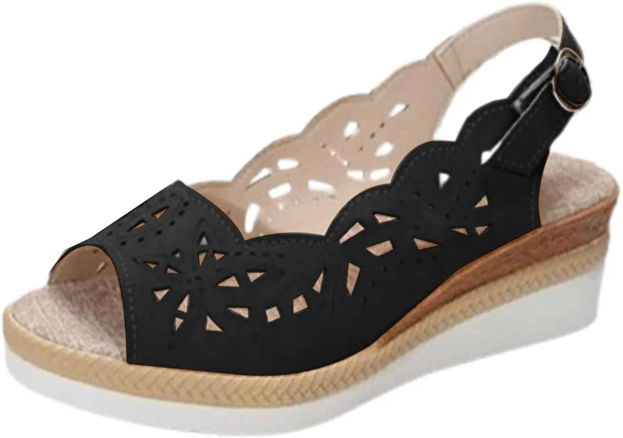 Comfort Peep Toe Wedge Sandals for Women Slingback Heel Cut-Out Vamp Wedges Sandal Summer Thick Bottom Belt Buckle Beach Vacation Travel Shoes