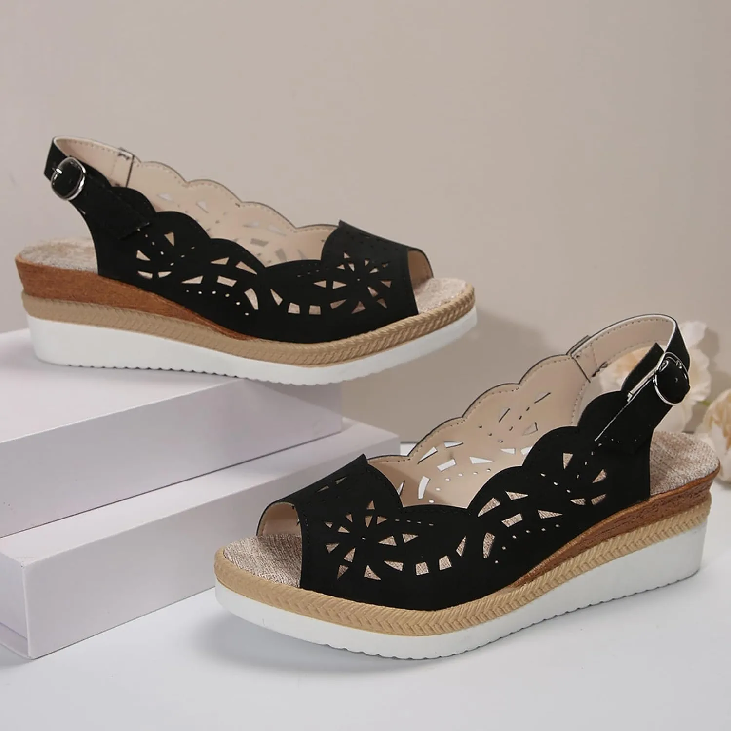 Comfort Peep Toe Wedge Sandals for Women Slingback Heel Cut-Out Vamp Wedges Sandal Summer Thick Bottom Belt Buckle Beach Vacation Travel Shoes
