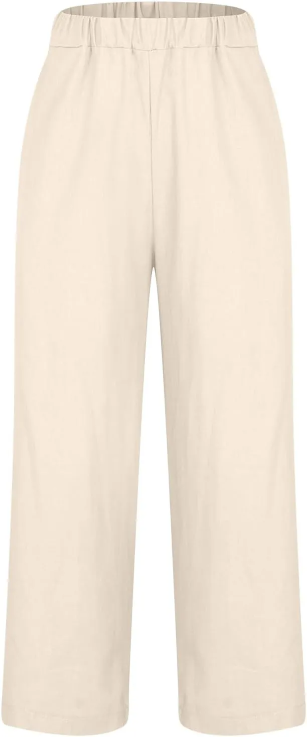 Cotton Linen Pants for Women Straight Leg Elastic Waist Pants Loose Fit Casual Trousers Plus Size Slack 2025 Fashion