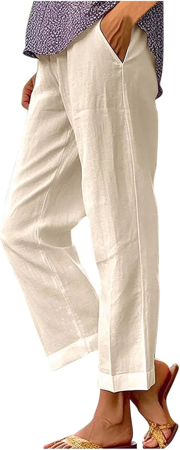 Cotton Linen Pants for Women Straight Leg Elastic Waist Pants Loose Fit Casual Trousers Plus Size Slack 2025 Fashion