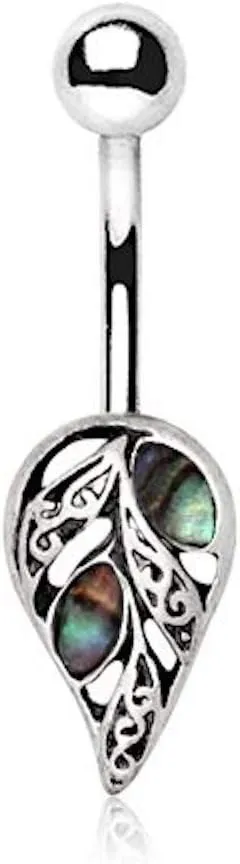 Covet Jewelry 316L Stainless Steel Leaf with Abalone Shell Navel Ring