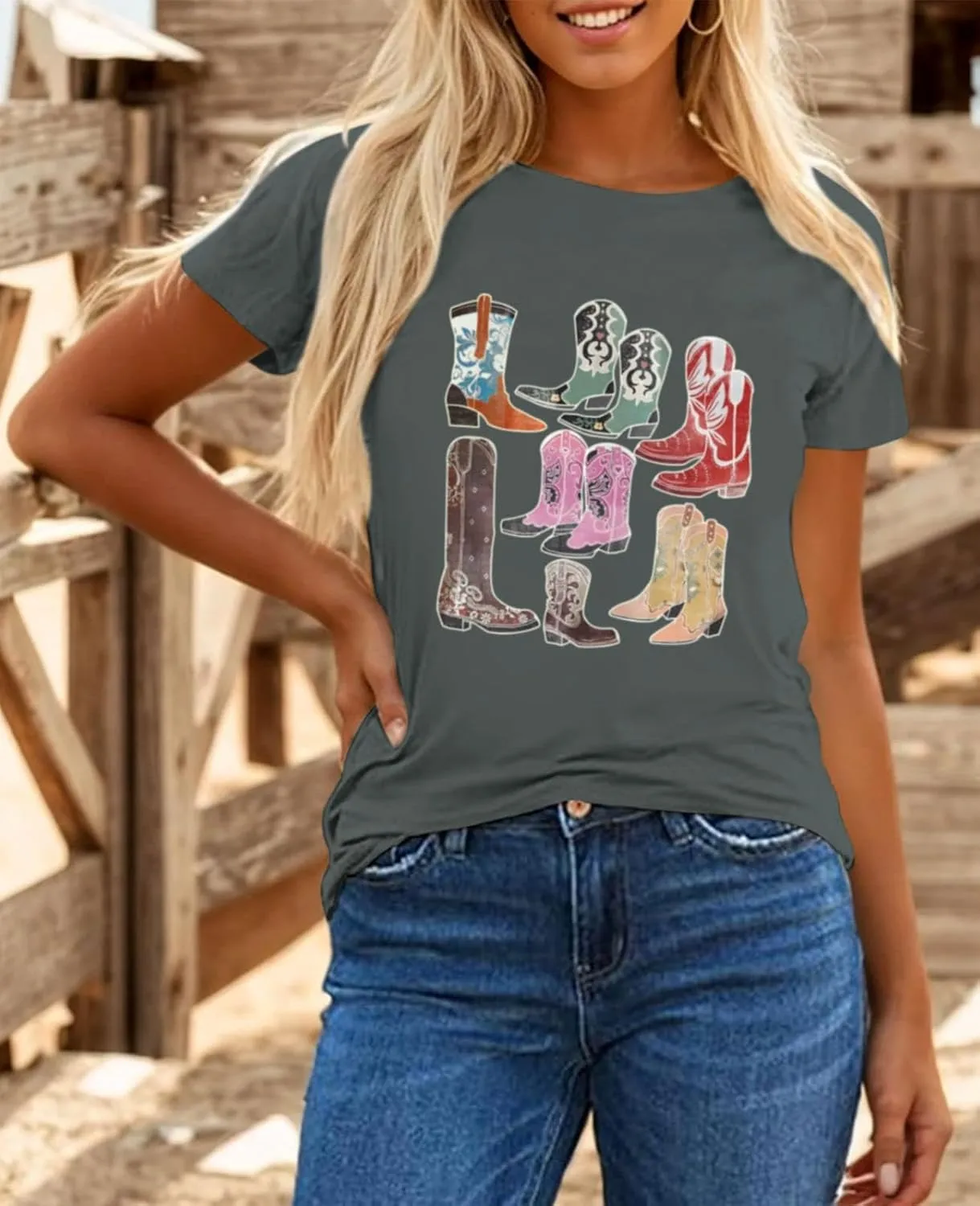 Cowboy Shirts for Women Western Cowgirl Country Graphic Tees Rodeo Boot Vintage T Shirts Music Cute Concert Outfit