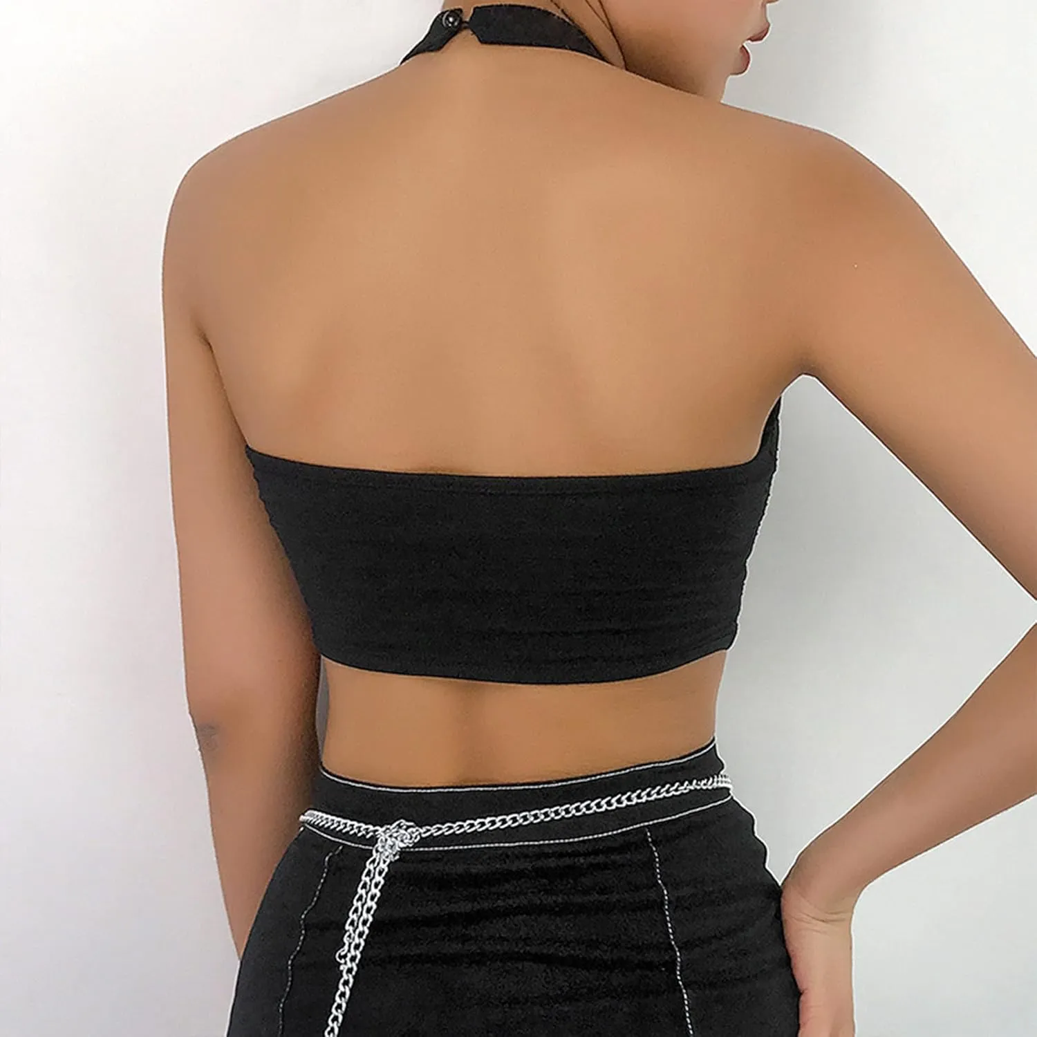 Dark Punk Crop Top Women Punk Solid Backless Sleeveless Halter Crop Tops