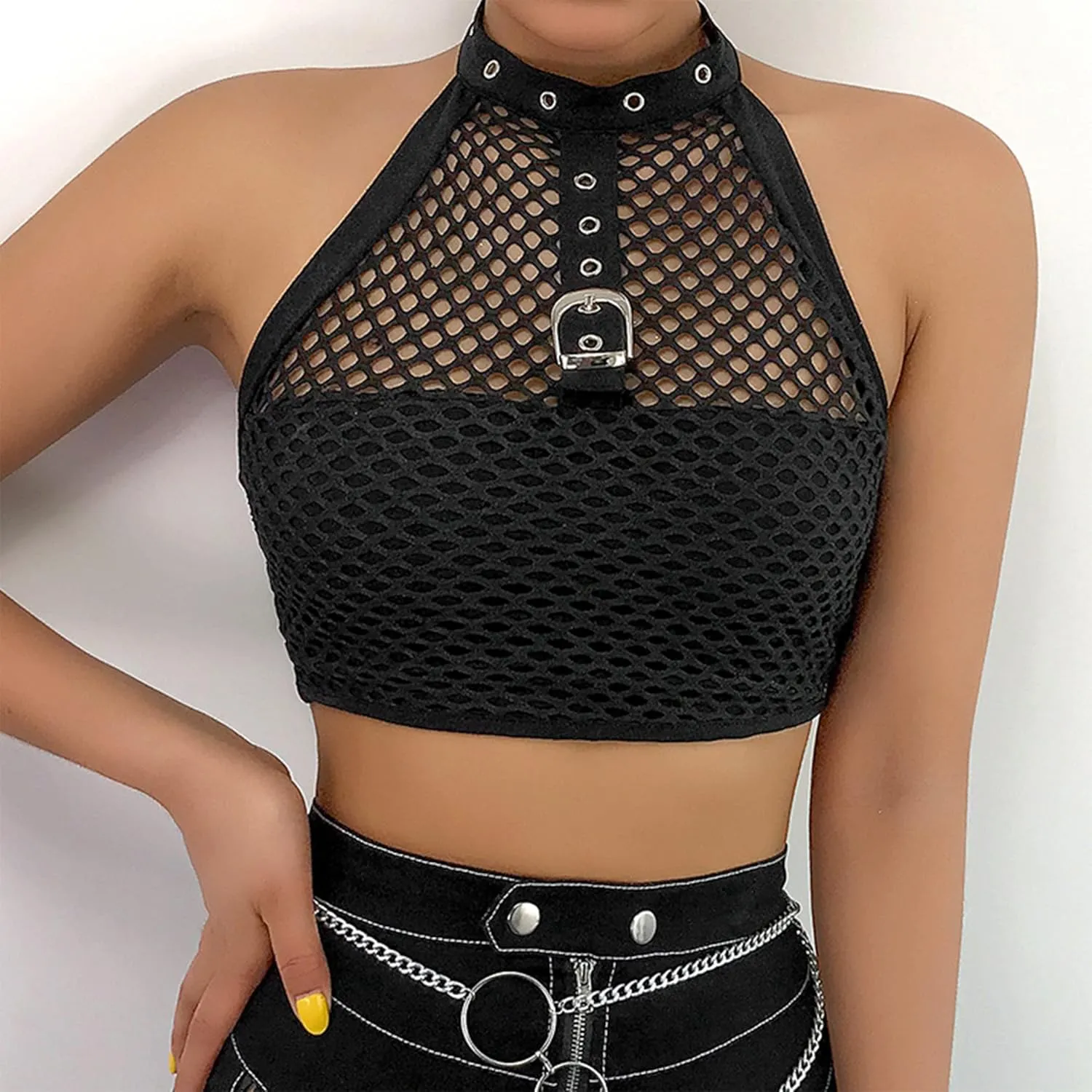 Dark Punk Crop Top Women Punk Solid Backless Sleeveless Halter Crop Tops