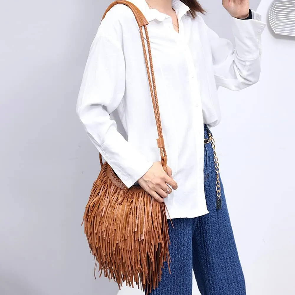 Downupdown Womens Crossbody Bag Fringe Purse Handbag Vintage Leather Shoulder Bag Ladies Tassel Satchel Hobo Bags Casual Bag