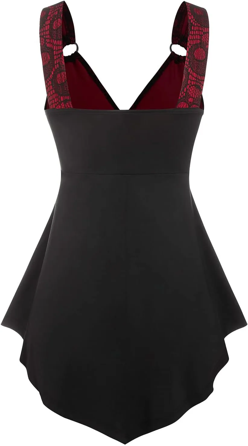 DRESSFO Women Tank Tops Casual Summer Tops Plaid Ruffled Cold Shoulder T Shirt Sexy Strap V Neck Sleeveless Gothic Tank Top