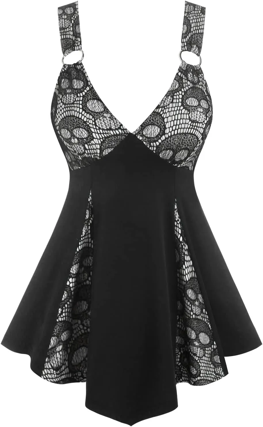 DRESSFO Women Tank Tops Casual Summer Tops Plaid Ruffled Cold Shoulder T Shirt Sexy Strap V Neck Sleeveless Gothic Tank Top