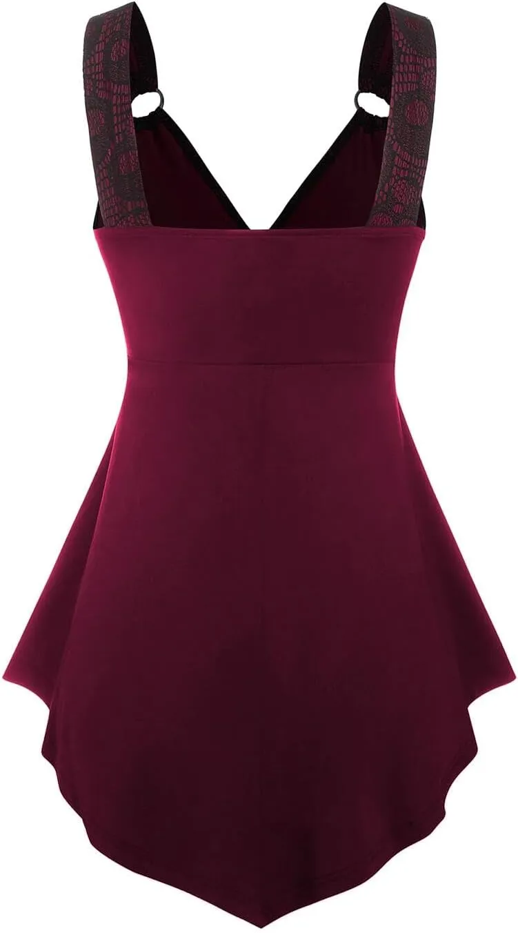 DRESSFO Women Tank Tops Casual Summer Tops Plaid Ruffled Cold Shoulder T Shirt Sexy Strap V Neck Sleeveless Gothic Tank Top