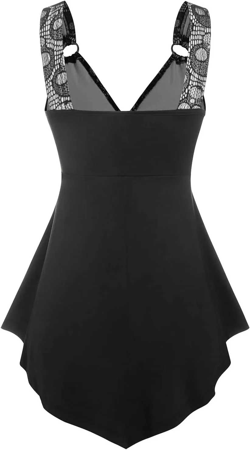 DRESSFO Women Tank Tops Casual Summer Tops Plaid Ruffled Cold Shoulder T Shirt Sexy Strap V Neck Sleeveless Gothic Tank Top